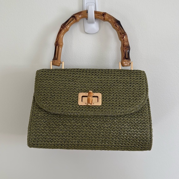 Handbags - Green Woven Top-Handle Clutch with Bamboo Handle